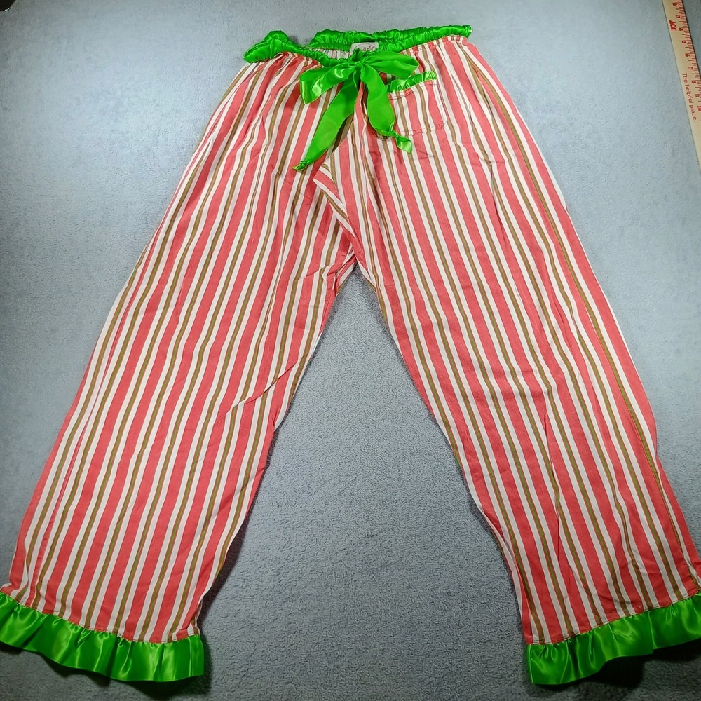 Mud‎ Pie Womens Pajama Pants Red White Green Stripe Medium Ruffle Satin Trim